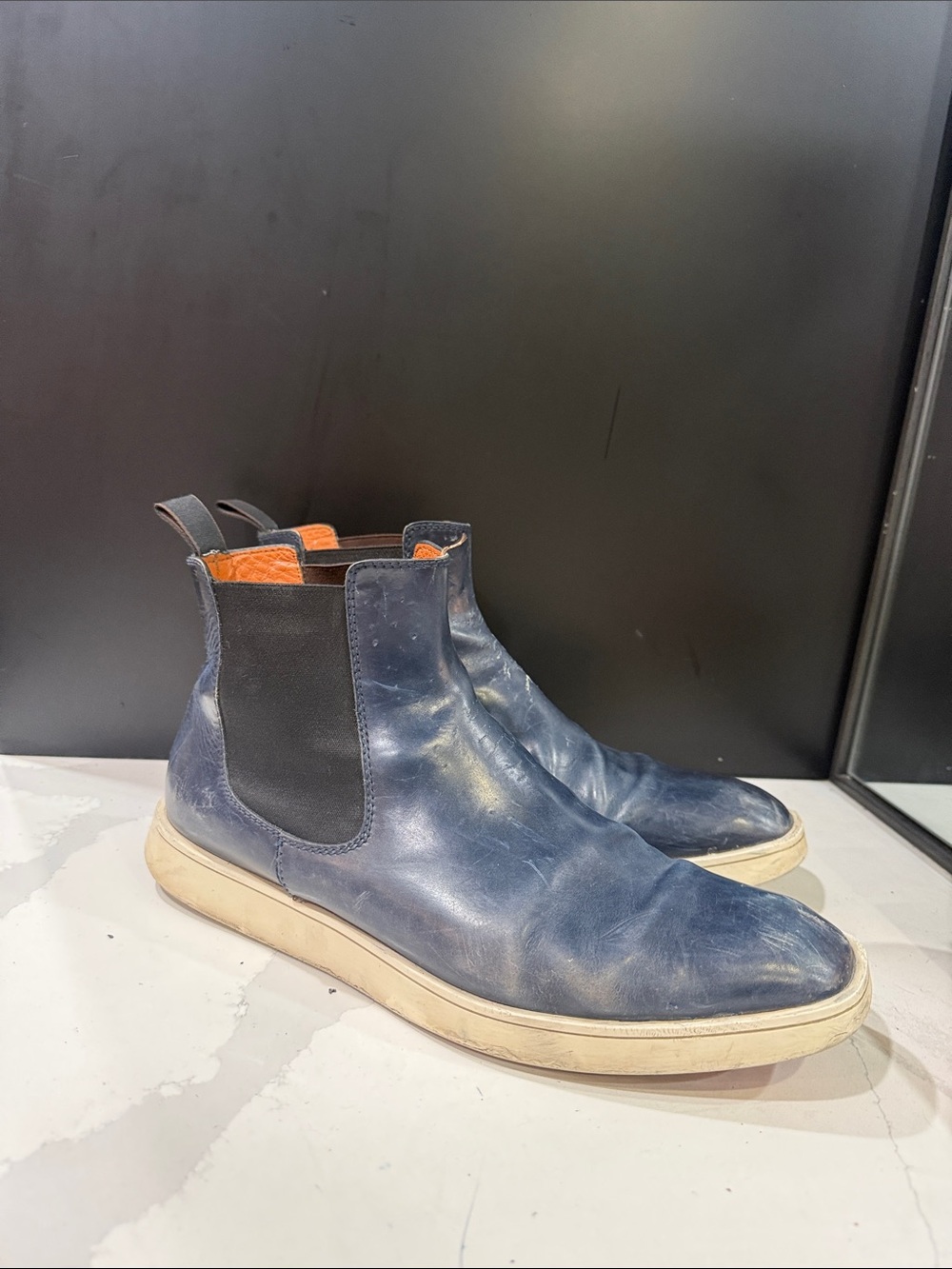 Santoni Navy Leather Boots with Cream Sole